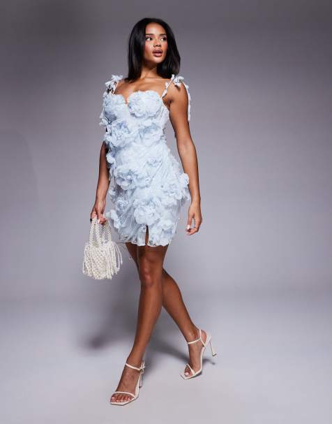 ASOS LUXE 3D floral embellished lace mini dress in light blue - view 1