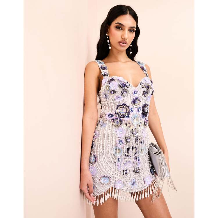 ASOS LUXE 3D floral embellished mini dress with scallop hem and drop pearl  detail in blue | ASOS