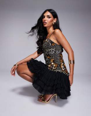 ASOS LUXE 3D floral embellished mini dress with tulle skirt in black and gold φωτογραφία