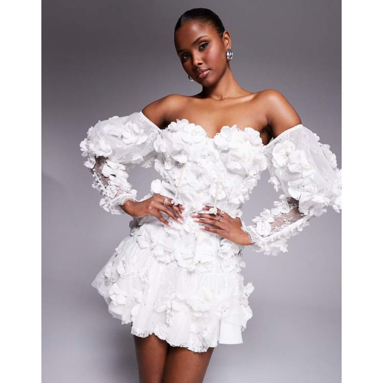 ASOS LUXE 3D floral embellished off shoulder puff sleeve mini dress in  white | ASOS