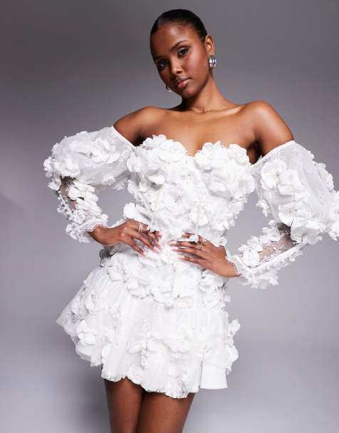 ASOS LUXE 3D floral embellished off shoulder puff sleeve mini dress in white