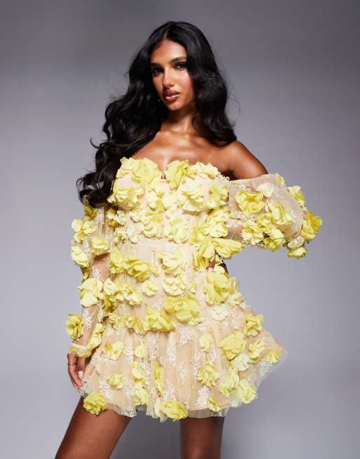 ASOS LUXE 3D floral embellished off shoulder puff sleeve mini 