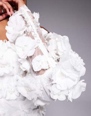 Asos Luxe 3d Floral Embellished Off The Shoulder Puff Sleeve Mini Dress In White