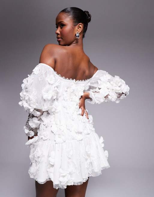 ASOS LUXE 3D floral embellished off the shoulder puff sleeve mini dress in white