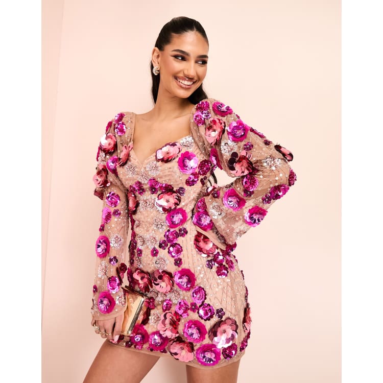 ASOS LUXE 3D floral embellished puff sleeve mini dress in pink ASOS