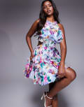 [ASOS LUXE] ASOS LUXE 3D floral halter mini skater dress in blue floral print 6 Blue floral