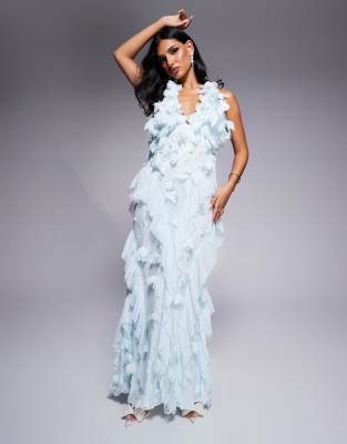 3D floral halter neck lace ruffle maxi dress in pastel blue