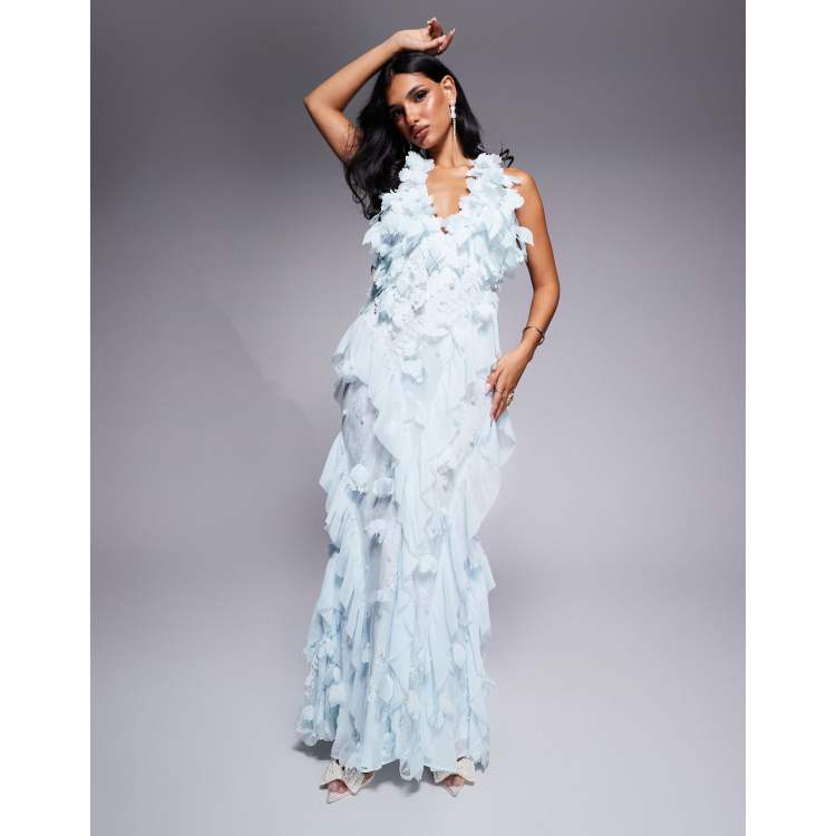 ASOS LUXE 3D floral halter neck lace ruffle maxi dress in pastel blue | ASOS