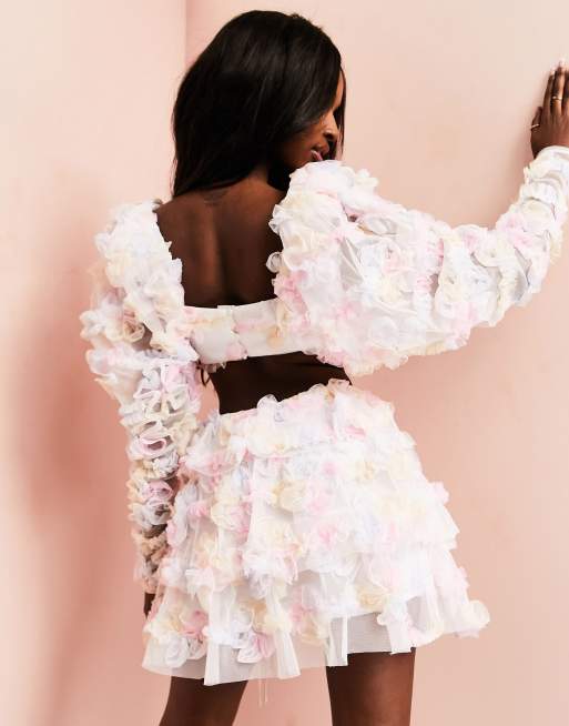 ASOS LUXE 3D floral long sleeve crop top with puff sleeves