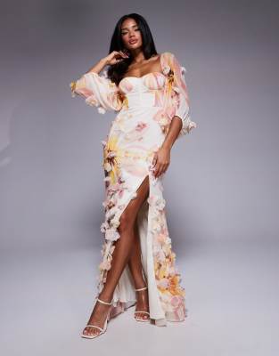 3D floral maxi dress in floral print-pink