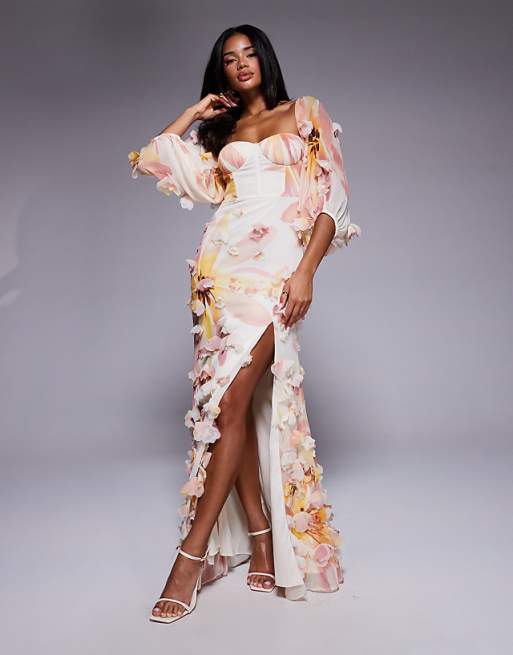 3d floral dress Adrianna Papell Women's Square Neck Strapless - Ivory/Blue Multi Floral printed dupioni fabric brings rich texture and luminous color Emerald Green Long Formal Gown