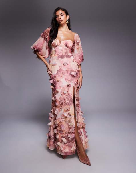 ASOS LUXE 3D floral maxi dress in pink floral print