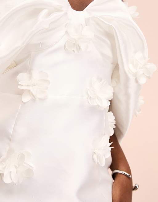 ASOS LUXE Wedding good satin off shoulder mini dress with hand embroidered flowers in