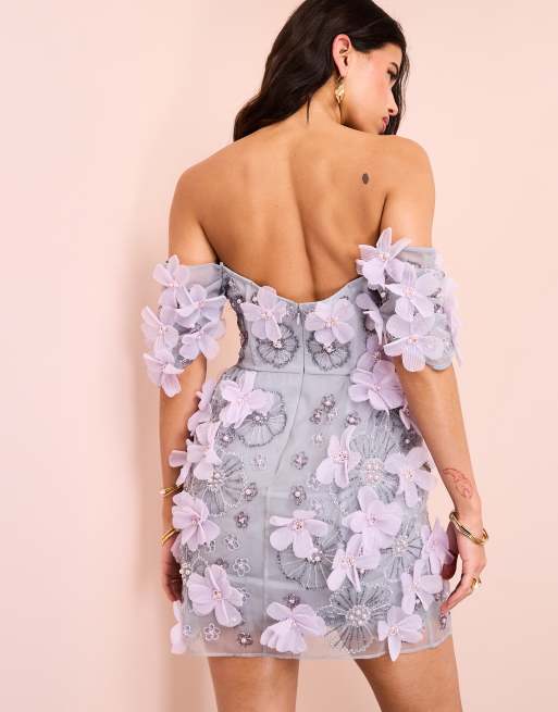 ASOS LUXE 3D floral off shoulder embellished mini dress with caged skirt in lilac