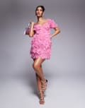 [ASOS LUXE] ASOS LUXE 3D floral off shoulder embellished mini dress with caged skirt in rose-Pink 4 PINK