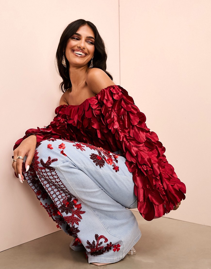 ASOS LUXE 3D floral off shoulder ruffle bandeau top in red