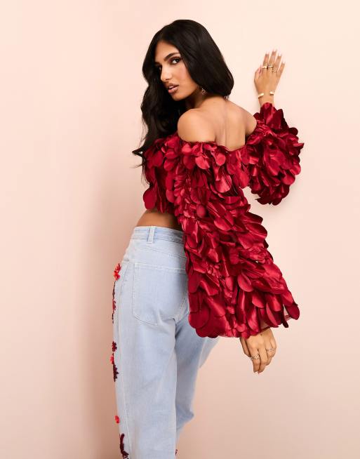 Red ruffle top store off shoulder