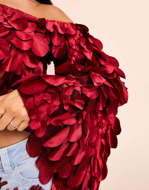 ASOS LUXE 3D floral off shoulder ruffle bandeau top in red | ASOS