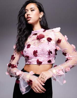 3D floral organza top in pink & red