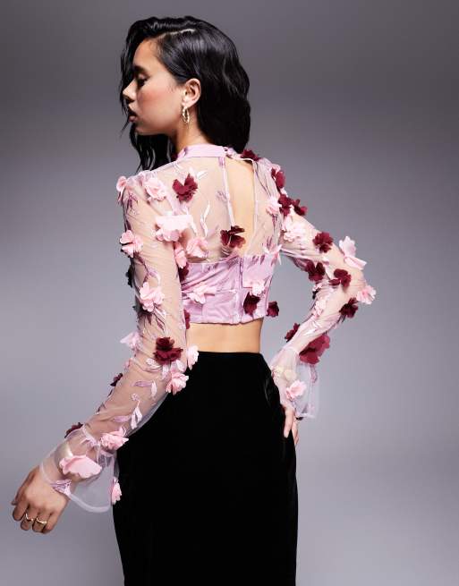 One Shoulder 3d Floral Organza Top, Bloom Rose Sexy Organza