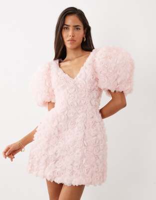 Asos Luxe 3d Floral Puff Sleeve Mini Dress In Pink