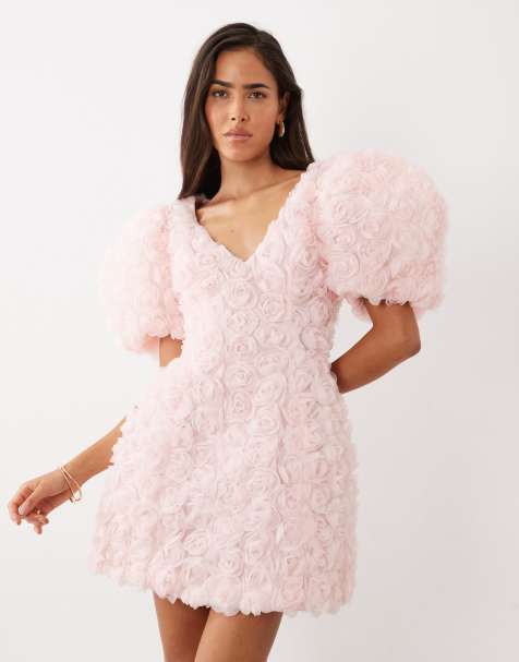 ASOS LUXE 3D floral puff sleeve mini dress in pink - view 1