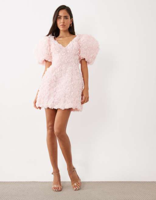 ASOS LUXE 3D floral puff sleeve mini dress in pink, 2 of 4
