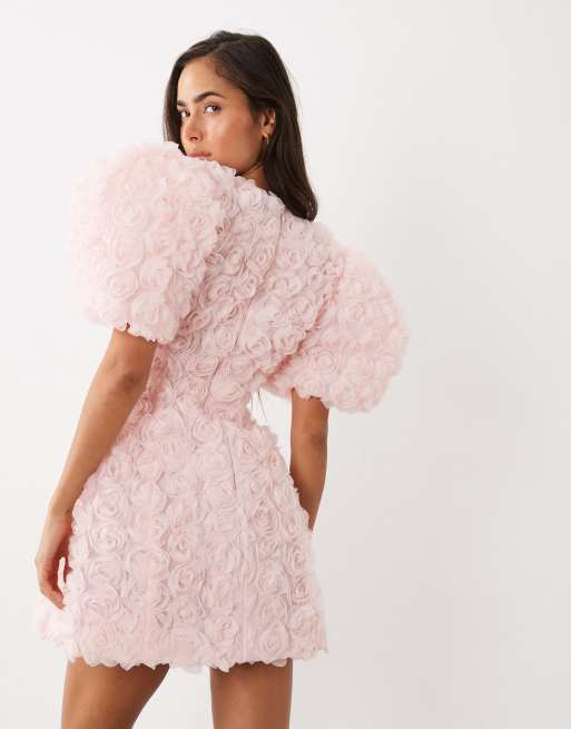ASOS LUXE 3D floral puff sleeve mini dress in pink, 4 of 4