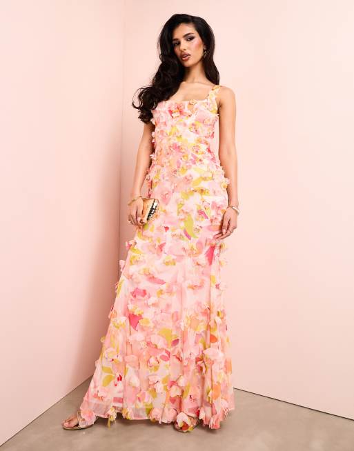 ASOS LUXE 3D floral ruffle maxi dress with tie back in floral print