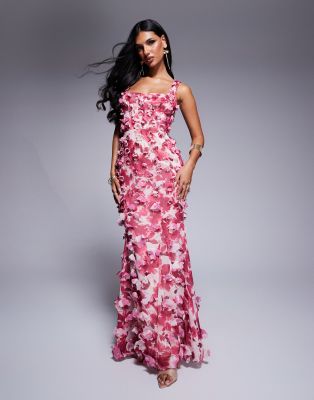 3D floral ruffle maxi dress with tie back in floral print-Multi