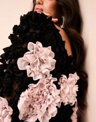 ASOS LUXE 3D floral ruffle mini dress with velvet trims in black and pink |  ASOS