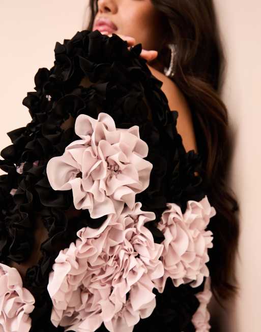 ASOS LUXE 3D floral ruffle mini dress with velvet trims in black and pink |  ASOS