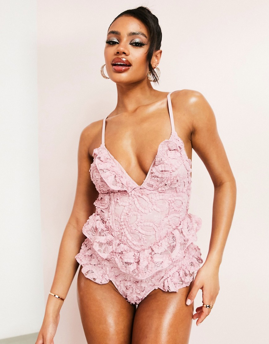 ASOS LUXE 3D floral ruffle swimsuit with ruffle detail in pink