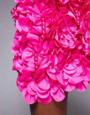 ASOS LUXE 3D floral ruffles mini skirt with drop faux pearls in pink