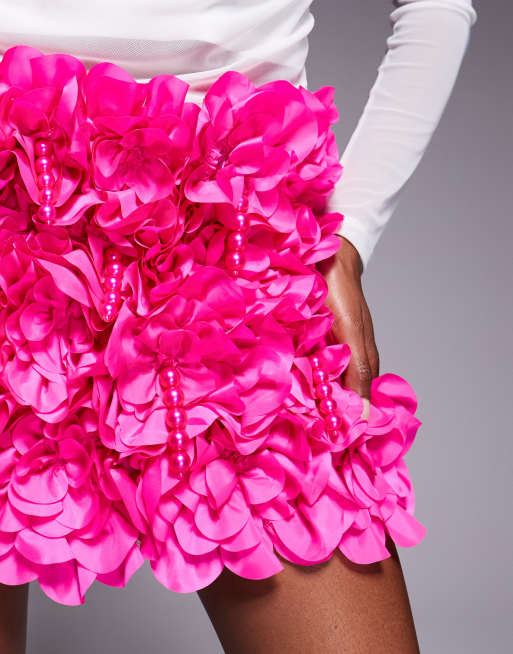 ASOS LUXE 3D floral ruffles mini skirt with drop faux pearls in pink