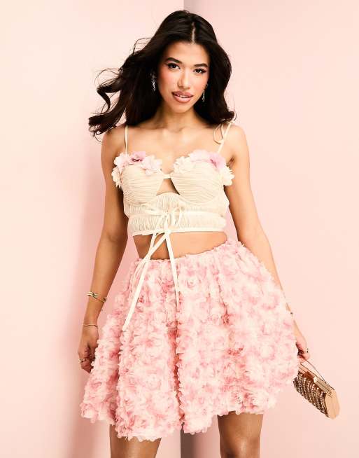 ASOS LUXE ruched 3D floral tie shoulder bralette and skirt set in pink