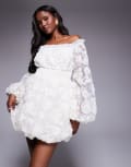 [ASOS LUXE] ASOS LUXE 3D floral textured embroidered mini dress with bubble hem in white 18 WHITE