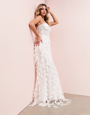 ASOS LUXE 3D fringe cupped fishtail maxi dress in white