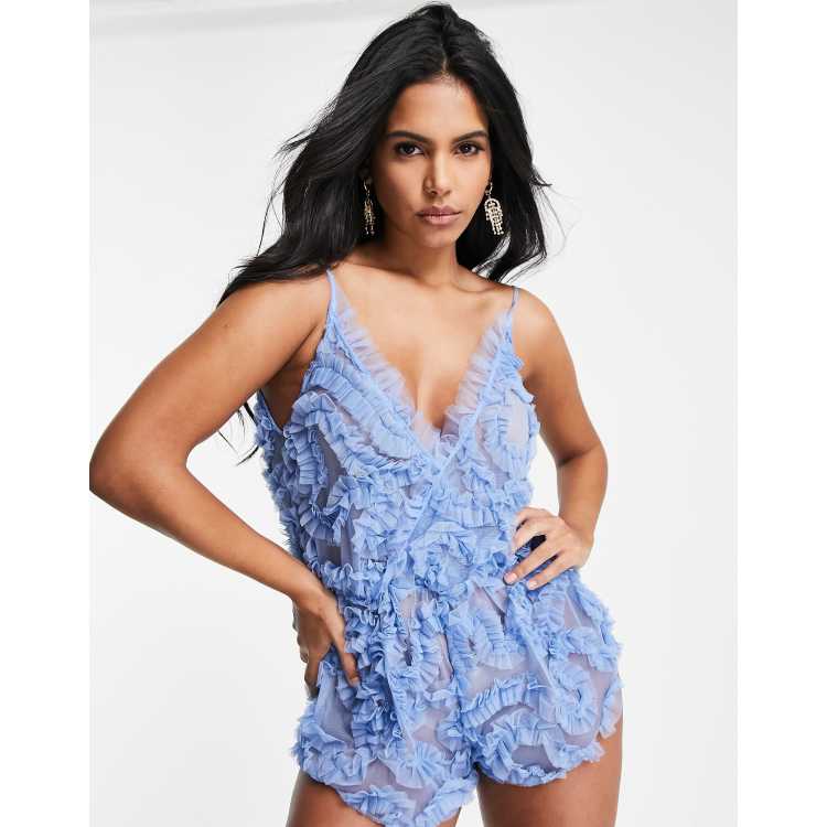 ASOS LUXE 3D lace cami playsuit in blue