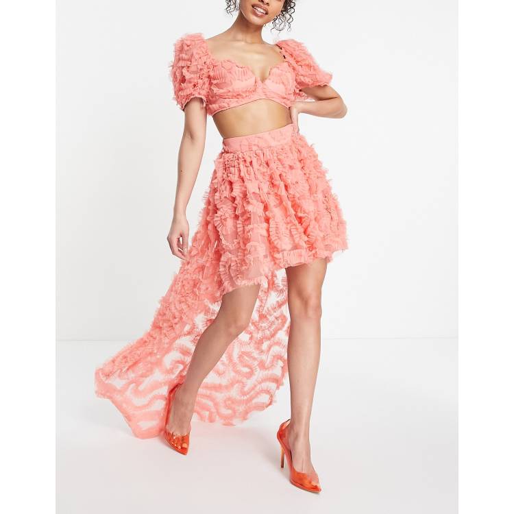 ASOS LUXE 3D lace high low hem mini skirt in coral ASOS