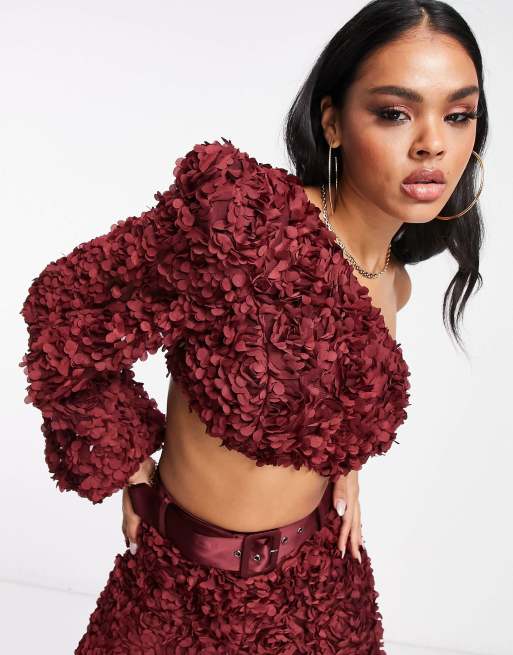 ASOS LUXE 3D lace one shoulder crop top in Burgundy part of a set