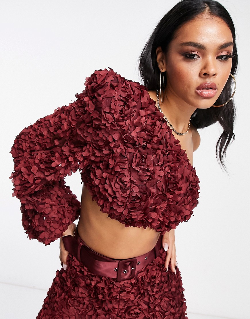ASOS LUXE 3D lace one shoulder crop top in wine - part of a set-Red