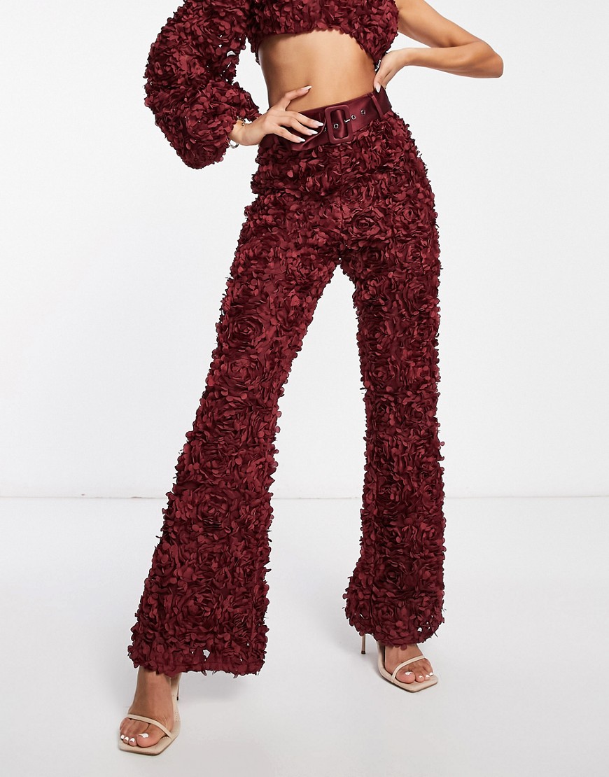 ASOS LUXE 3D lace pants with belt in wine - part of a set-Red