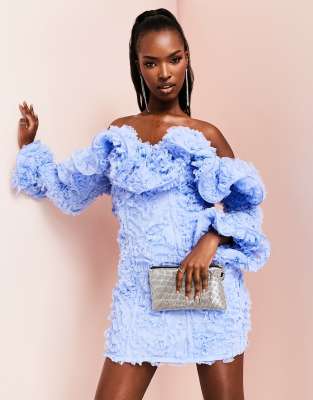 ASOS LUXE 3D lace ruffle bardot mini dress in blue - ASOS Price Checker