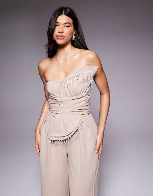 ASOS LUXE 3D petal jumpsuit with drop bead detail in stone, 2 of 4