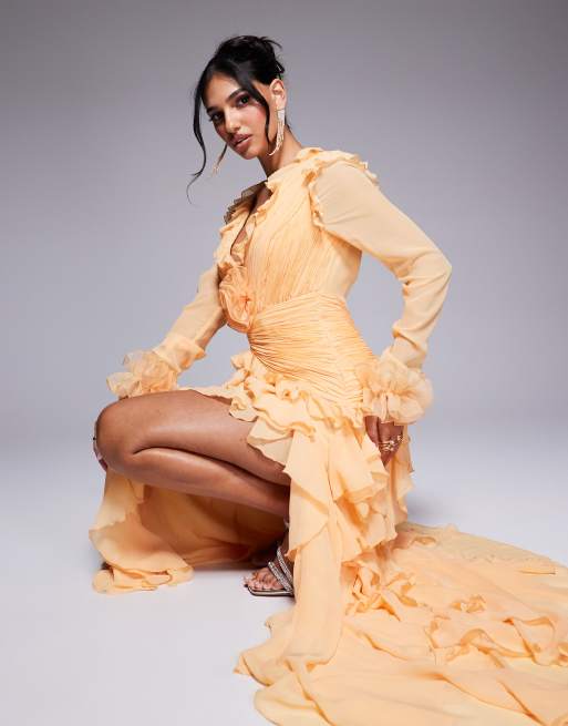 ASOS LUXE - Abrikosorange maxikjole med lange ærmer og store flæser i organza, 2 af 4