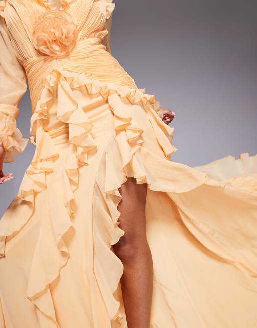 ASOS LUXE - Abrikosorange maxikjole med lange ærmer og store flæser i organza, 3 af 4