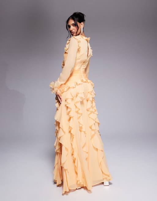 ASOS LUXE - Abrikosorange maxikjole med lange ærmer og store flæser i organza, 4 af 4