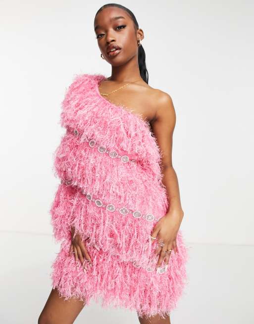 ASOS LUXE all over faux feather one sleeve mini dress in pink