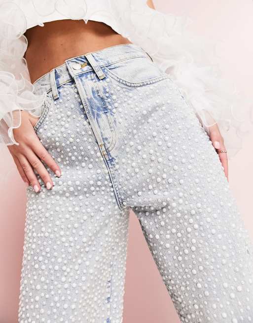 Floral Embellished Wide Crop Jean with Pearl/Jewel Accents